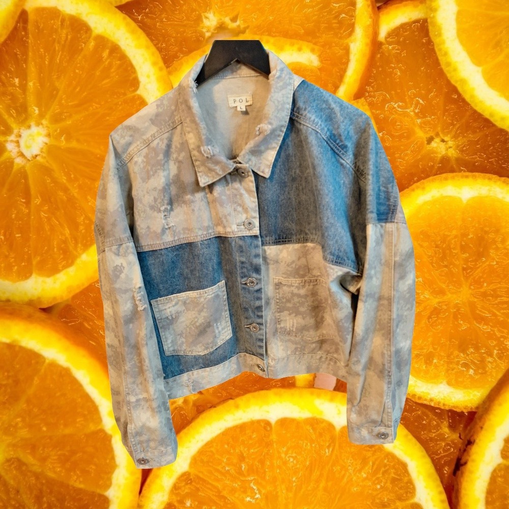 POL Denim Jacket Women Size L Distressed Colorblock Patchwork Blue Tan - Picture 3 of 7